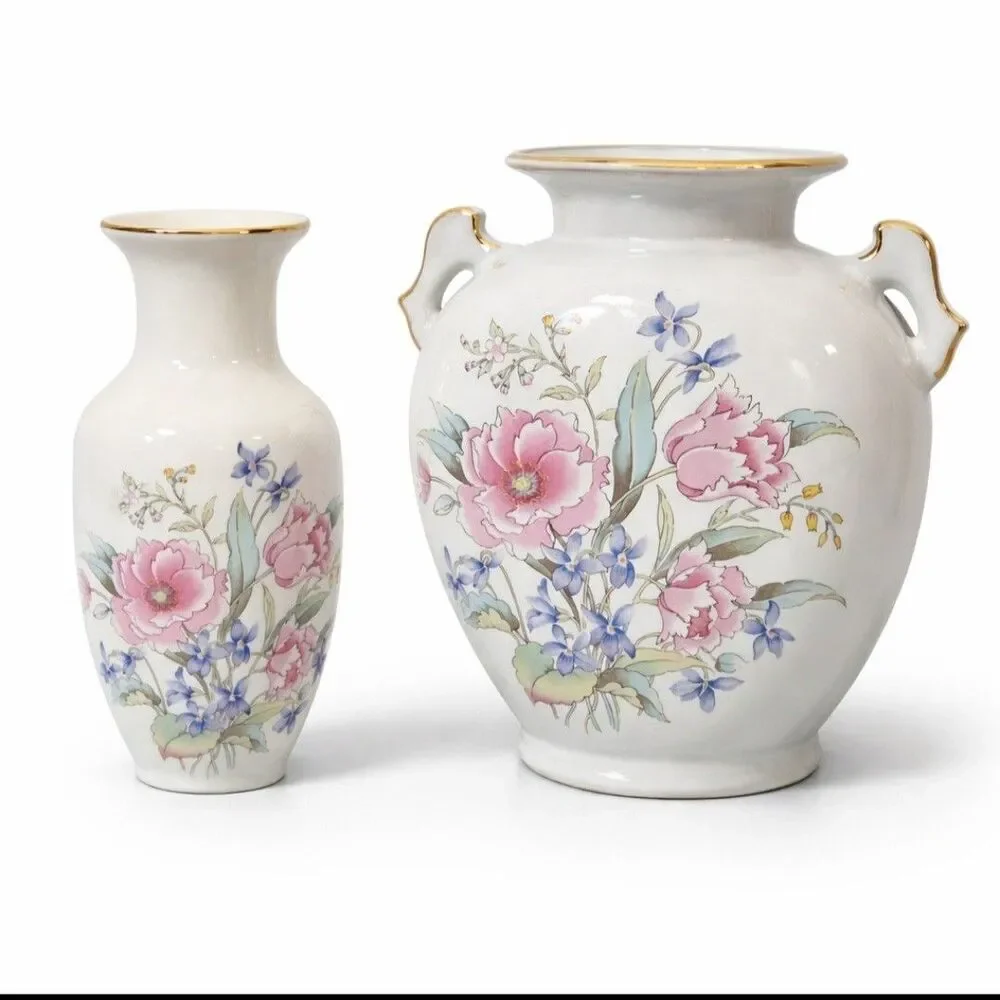 Vintage Japanese Fine‎ China Floral Vases Pair Gold Trim Mid Century Japan